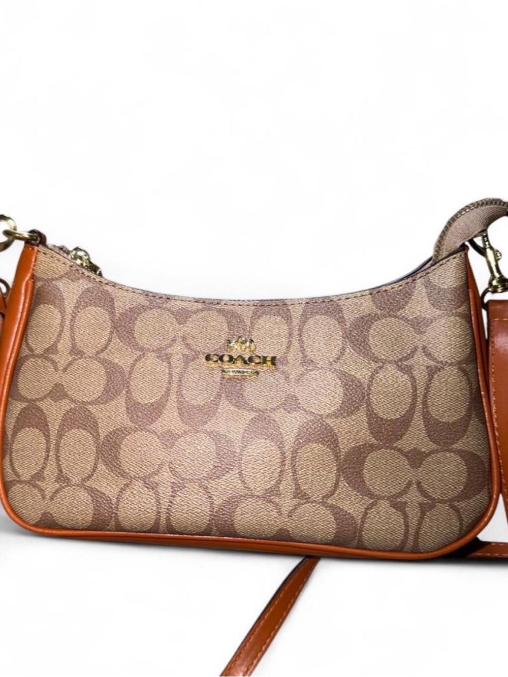 Coach Signature Canvas Shoulder Bag in Brown with Tan Trim
